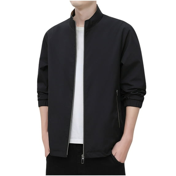 WREESH Fashion Jacket Men'S Casual Solid Long-Sleeved No-Hat Stand Collar Casual Coat/Jacket Black
