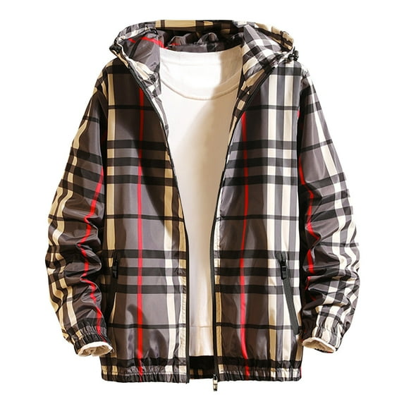 WREESH Fashion Jacket Men'S Casual Sports Checkered Long-Sleeved Hooded Casual Coat/Jacket Gray