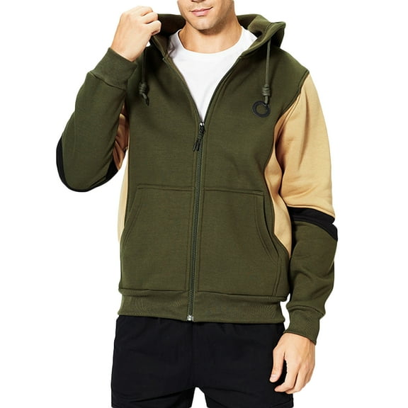 WREESH Fashion Jacket Men'S Color Blocking Hooded Sports Zipper Pocket Cardigan Long Sleeve Hooded Casual Outwear Olive Green