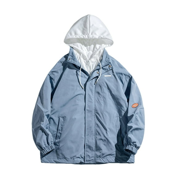 WREESH Fashion Jacket Men'S Color Match Windproof Warm Jacket Long Sleeve Hooded Casual Outwear Coat Blue