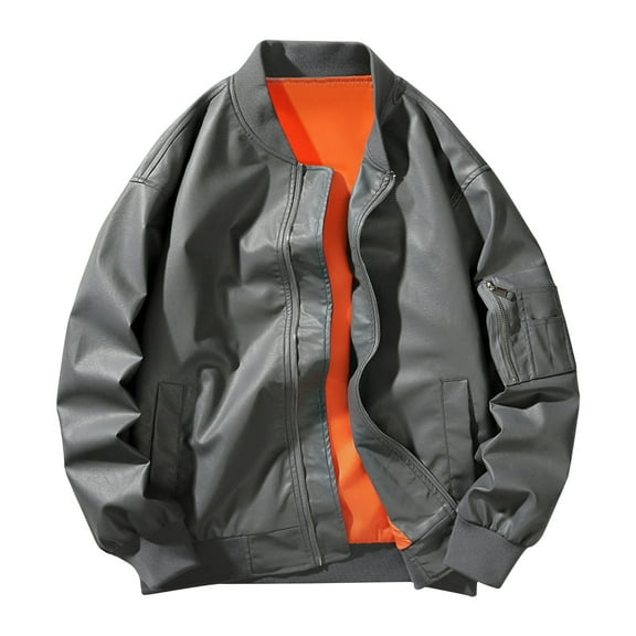 WREESH Fashion Jacket Men'S Dashion Motorcycle Solid Color Zipper Pocket Leather Long Sleeved Hooded Jacket Dark Gray