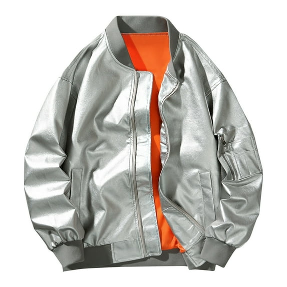 WREESH Fashion Jacket Men'S Dashion Motorcycle Solid Color Zipper Pocket Leather Long Sleeved Hooded Jacket Gray