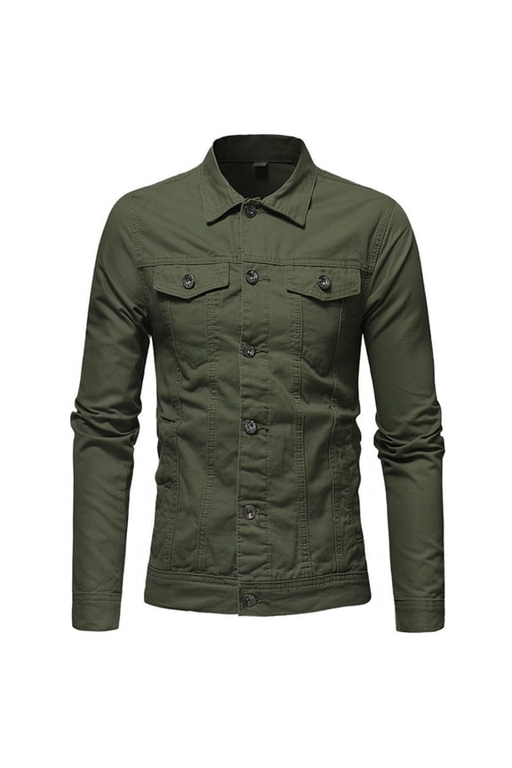 Fashion Jacket Men'S Lapel Slimfit Solid Color Pocket Button Long Sleeve Jacket Olive Green