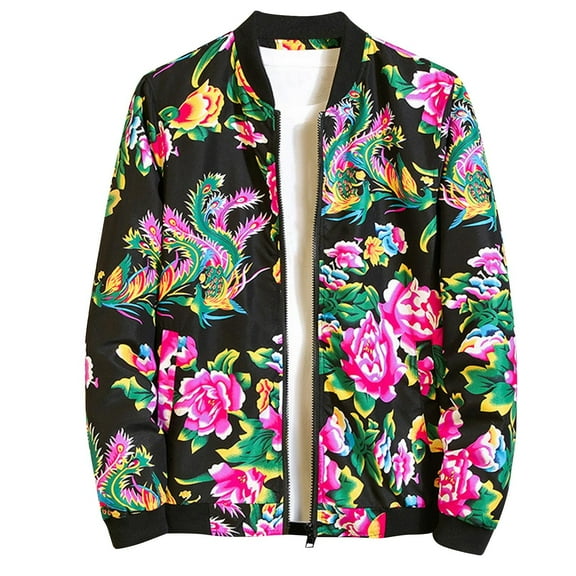 WREESH Fashion Jacket Men'S New Printed Top Floral Stand Up Collar Jacket Men'S Casual Jacket Jacket Black