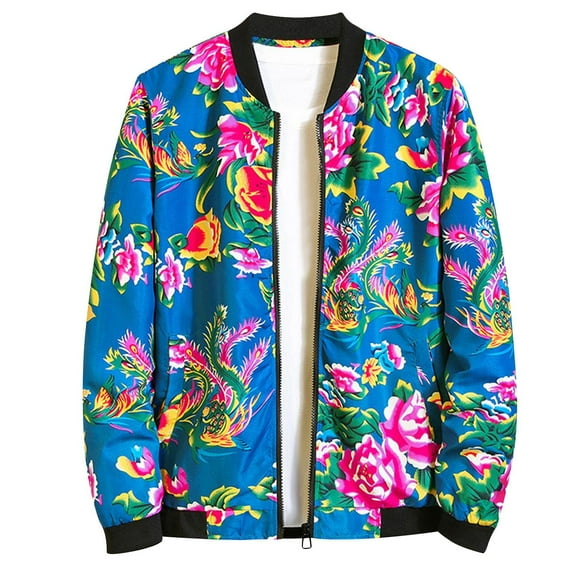 WREESH Fashion Jacket Men'S New Printed Top Floral Stand Up Collar Jacket Men'S Casual Jacket Jacket Blue