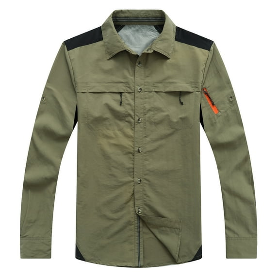 WREESH Fashion Jacket Men'S Outdoor Quick Drying Lapel Solid Color Pocket Long Sleeved Jacket Olive Green