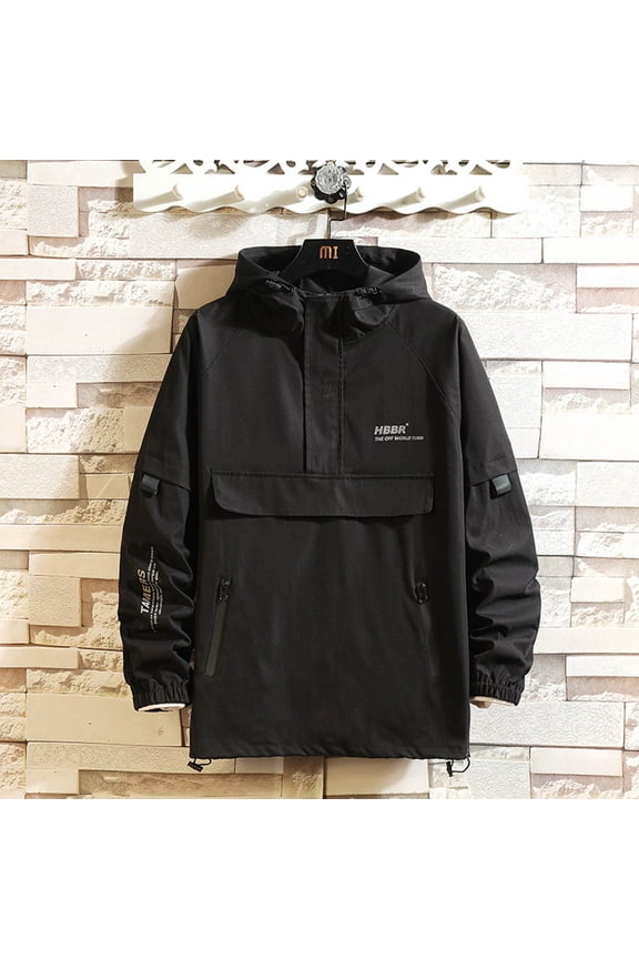 Fashion Jacket Men'S Solid Color Half Zipper Pullover Trend Letter Hooded Jacket Coat Black