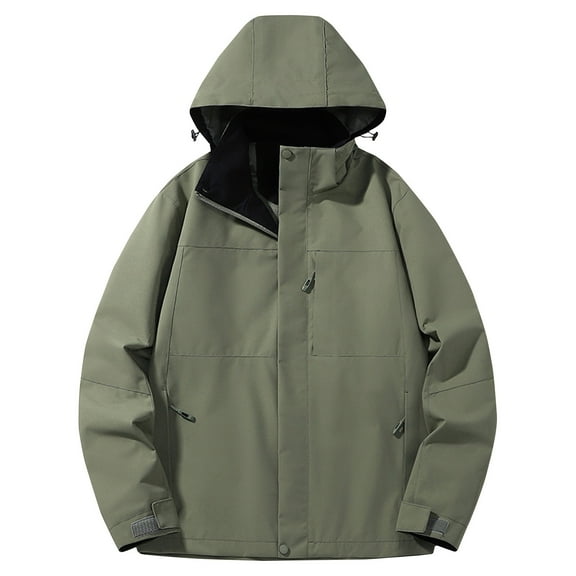 WREESH Fashion Jacket Men'S Solid Color Pocket Detachable Hooded Sports Water Proofjing Long Sleeved Jacket Olive Green