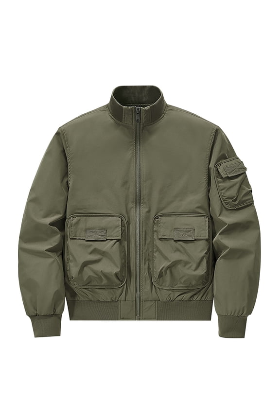 Fashion Jacket Men'S Solid Color Pocket Loose Motorcycle Outdoor Flight Suit Plus Size Workwear Jacket Olive Green