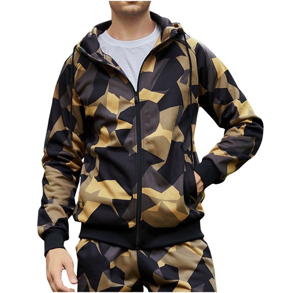 WREESH Fashion Jacket Men'S Winter Camouflage Design with Zippered Pockets Long Sleeved Hooded Casual Jacket Khaki