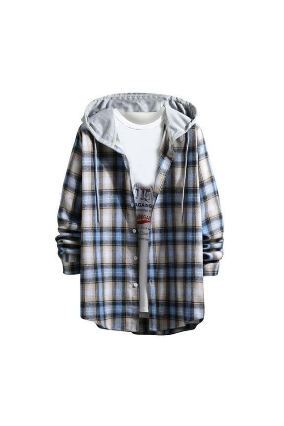Fashion Jacket Versatile Hoodie Basic Men'S Classic Scottish Plaid Hooded Shirt Long Sleeve Hooded Casual Outwear Jackets Blue