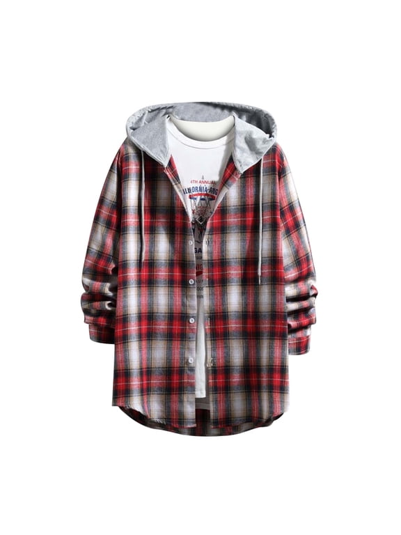 Fashion Jacket Versatile Hoodie Basic Men'S Classic Scottish Plaid Hooded Shirt Long Sleeve Hooded Casual Outwear Jackets Red
