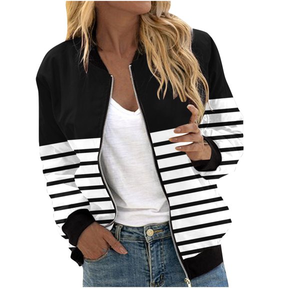 WREESH Fashion Jacket Women'S Casual Printed Pocket Zippered Coat Black