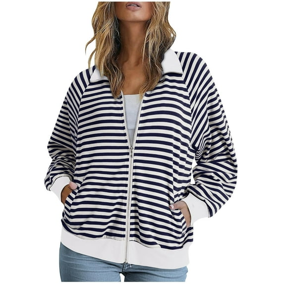 WREESH Fashion Jacket Women Turndown Collar Printing Blouse Long Sleeve Tops Casual T-Shirt Hoodless Sweatshirts Dark Blue