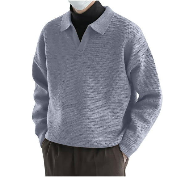 WREESH Fashion Pullover Casual Collared Sweater Men's Solid Color Collar Knitted Sweater Men's Long Sleeved Sweater Gray