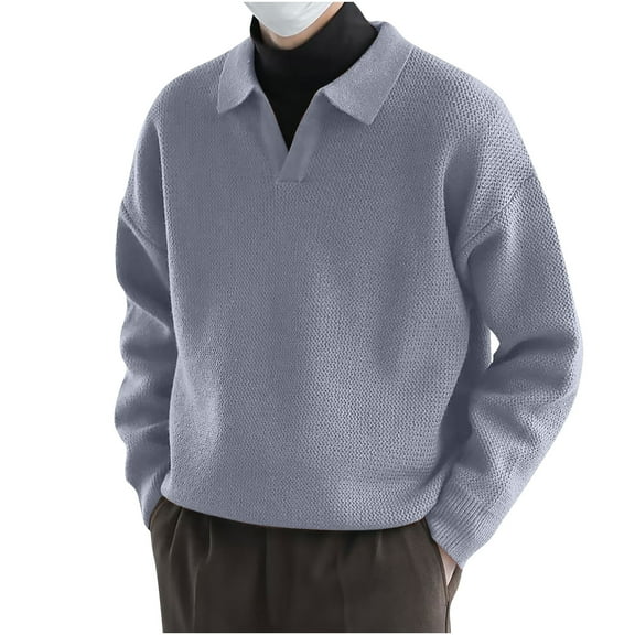 WREESH Fashion Pullover Casual Collared Sweater Men's Solid Color Collar Knitted Sweater Men's Long Sleeved Sweater Gray