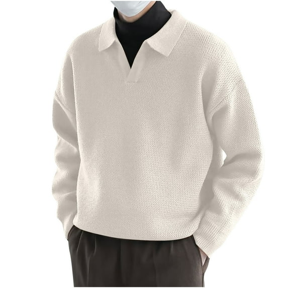 WREESH Fashion Pullover Casual Collared Sweater Men's Solid Color Collar Knitted Sweater Men's Long Sleeved Sweater Khaki