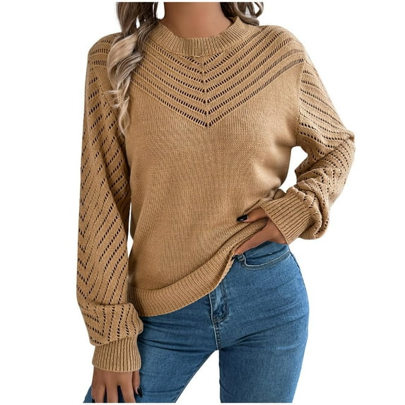 WREESH Fashion Pullover Hollow Out Women's Casual Solid Color Dough Twists Lantern Sleeve Pullover Sweater Top Sweater Khaki