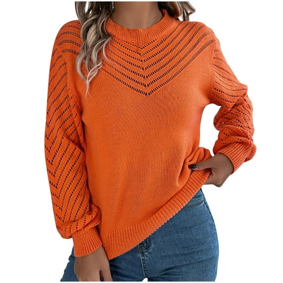 WREESH Fashion Pullover Hollow Out Women's Casual Solid Color Dough Twists Lantern Sleeve Pullover Sweater Top Sweater Orange