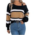 thumbnail image 1 of WREESH Fashion Pullover Off Shoulder Sweater Women's Casual Contrast Striped Lantern Sleeves Off Shoulder Pullover Sweater Top Sweater Khaki, 1 of 7
