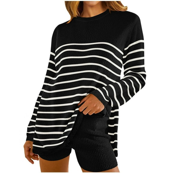 WREESH Fashion Pullover Tunic Women Solid Casual Round-Neck Regular Long Sleeves Shorts Sets Sweater Black