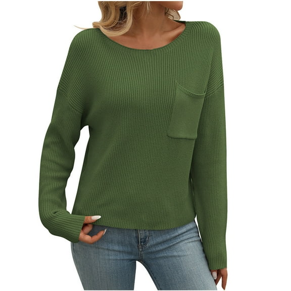 WREESH Fashion Pullover Women's Casual Solid Round Neck Loose Pocket Long Sleeved Sweater Top Sweater Green