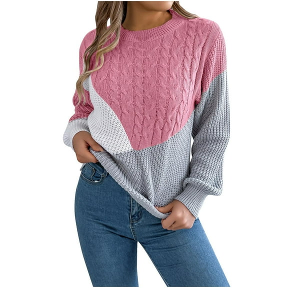 WREESH Fashion Pullover Women's Knitting Color Contrast Pullover Sweater Long Sleeve Round Neck Top Sweater Pink