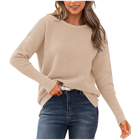 WREESH Fashion Pullover Women's Solid Color Long Sleeved Knitted Sweater Round Neck Top Sweater Khaki