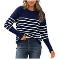 thumbnail image 1 of WREESH Fashion Pullover Women's Stripe Blouses Long Sleeved Knitted Sweater Round Neck Top Sweater Navy, 1 of 5