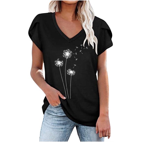 WREESH Fashion Summer T-Shirt with Petal Sleeves Women's V-Neck Short Sleeve Blouse Black