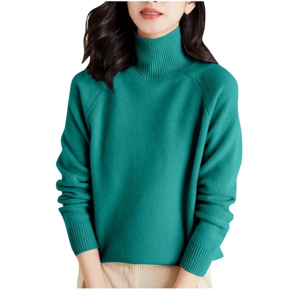 WREESH Fashion Turtleneck Sweater Womens Solid Color Shoulder High Neck Thick Loose Top High Neck Sweater Green