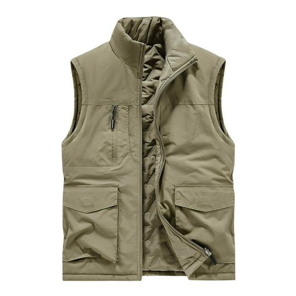 WREESH Fashion Vest Man Pocket Zipper No Hat Sleeveless Solid Color Tops Cotton Loose Coat Khaki