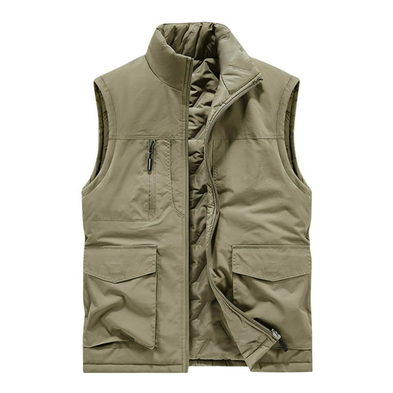 WREESH Fashion Vest Man Pocket Zipper No Hat Sleeveless Solid Color Tops Cotton Loose Coat Khaki