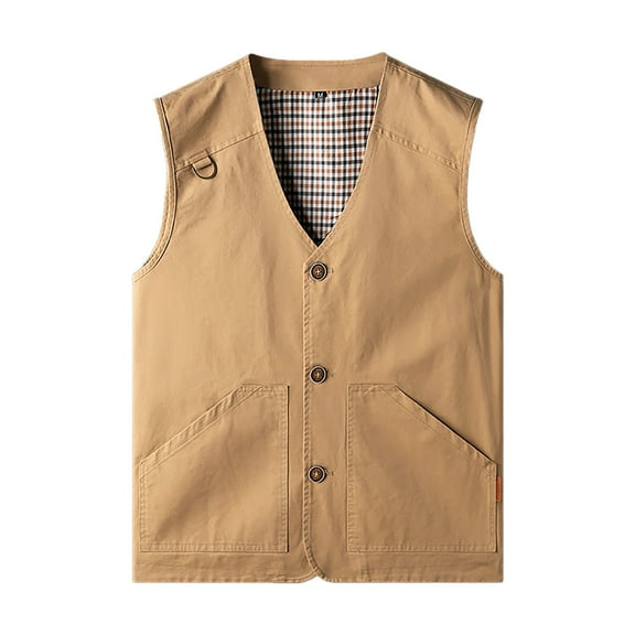 WREESH Fashion Vest Men'S Denim Multi Pocket Fishing Shoulder V-Neck Four Season Jacket Khaki