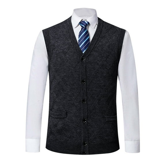 WREESH Fashion Vest Men'S Wool Blended V-Neck Knitted Cardigan Cardigan Colorblock Casual All-Match Sleeveless Cardigan Dark Gray
