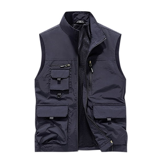 WREESH Fashion Vest Men'S Work Clothes Jacket Solid Color Stand Collar Multiple Pockets Outdoor Sports Photography Leisure Coat Dark Blue