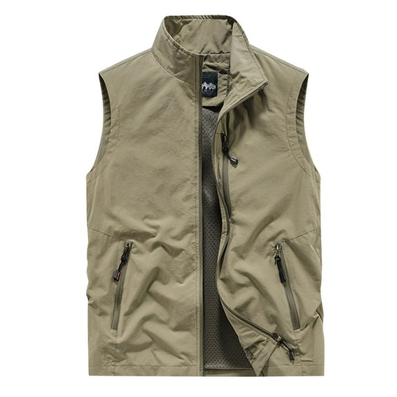 WREESH Fashion Vest Men'S Work Clothes Jacket Solid Color Stand Collar Multiple Pockets Outdoor Sports Photography Leisure Coat Khaki