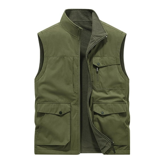 WREESH Fashion Vest Men'S Work Clothes Jacket Solid Color Stand Collar Multiple Pockets Outdoor Sports Photography Leisure Coat Olive Green