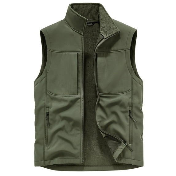 WREESH Fashion Vest Men'S Work Clothes Jacket Solid Color Stand Collar Multiple Pockets Outdoor Sports Photography Leisure Coat Olive Green