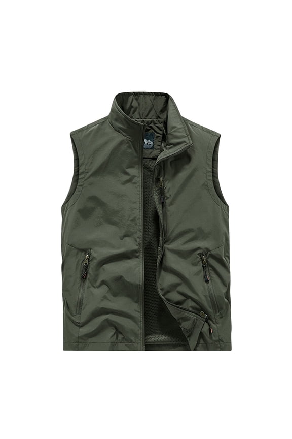 Fashion Vest Men'S Work Clothes Jacket Solid Color Stand Collar Multiple Pockets Outdoor Sports Photography Leisure Coat Olive Green