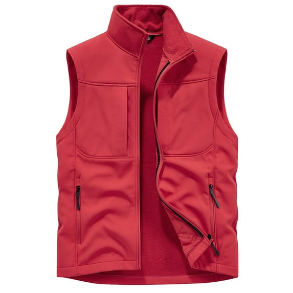 WREESH Fashion Vest Men'S Work Clothes Jacket Solid Color Stand Collar Multiple Pockets Outdoor Sports Photography Leisure Coat Red