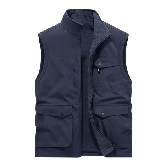 WREESH Fashion Vest Men'S Work Clothes Jacket Solid Color Stand Collar Multiple Pockets Outdoor Sports Photography Leisure Coat Sapphire Blue