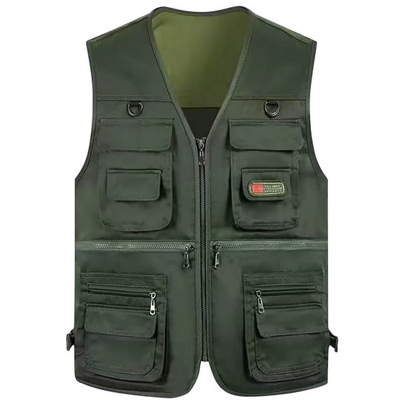 WREESH Fashion Vest Men'S Work Jacket Standing Collar Multiple Pockets Outdoor Photography and Sports Jacket Coat Olive Green