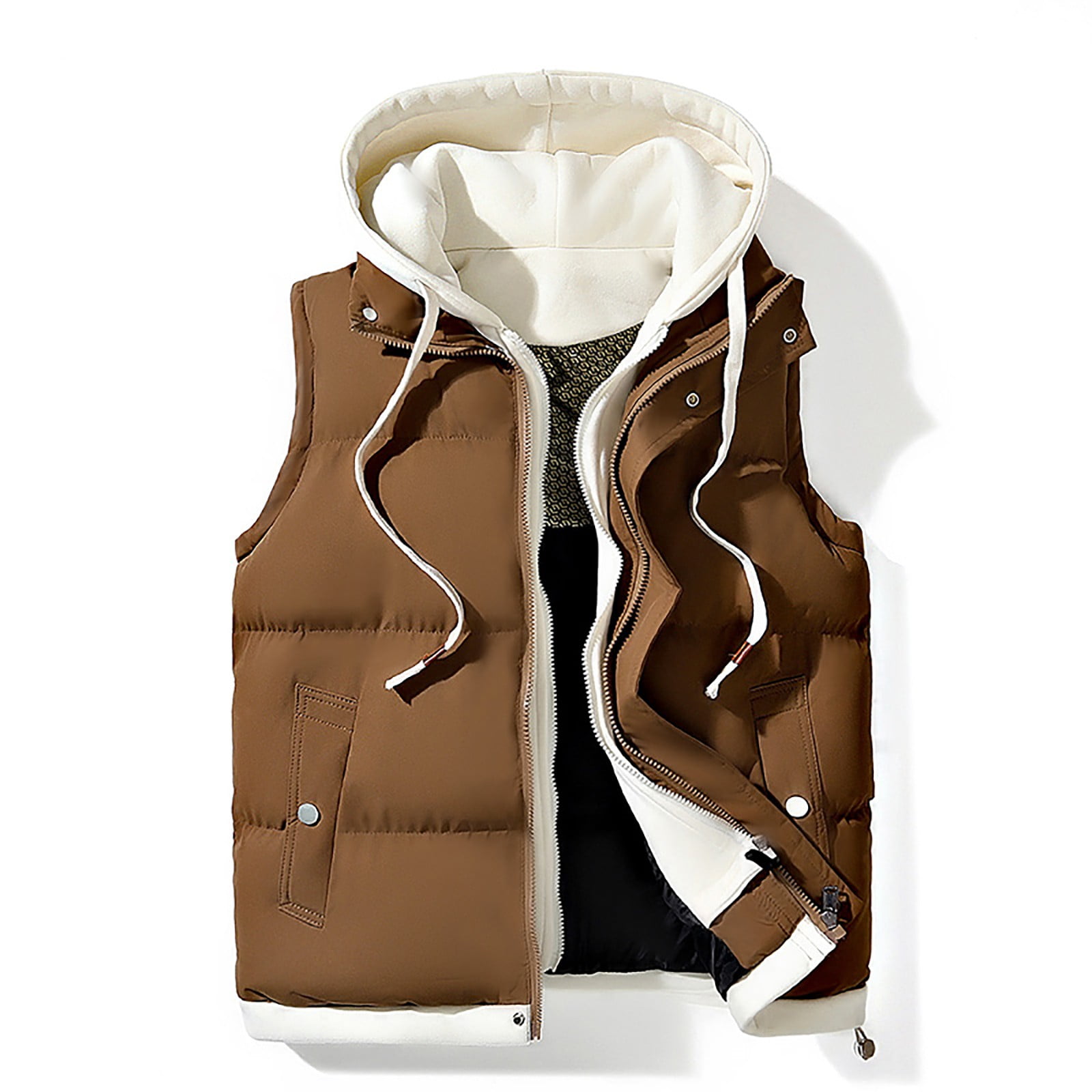 WREESH Fashion Vest Men'S Zipper Hooded Casual Hoodie Coat Sleeveless Hooded Casual Coat/Jacket Coffee