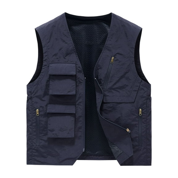 WREESH Fashion Vest Men Solid Sports Casual Zipper Multi-Pocket Quick Drying Sleeveless Outdoor Jackets Dark Blue