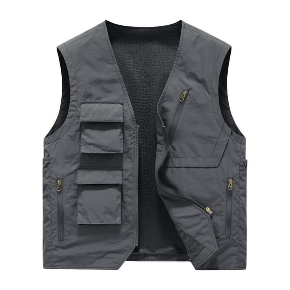 WREESH Fashion Vest Men Solid Sports Casual Zipper Multi-Pocket Quick Drying Sleeveless Outdoor Jackets Gray