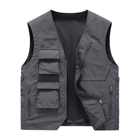 WREESH Fashion Vest Men Solid Sports Casual Zipper Multi-Pocket Quick Drying Sleeveless Outdoor Jackets Gray