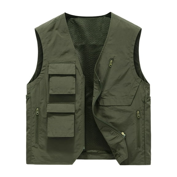 WREESH Fashion Vest Men Solid Sports Casual Zipper Multi-Pocket Quick Drying Sleeveless Outdoor Jackets Olive Green