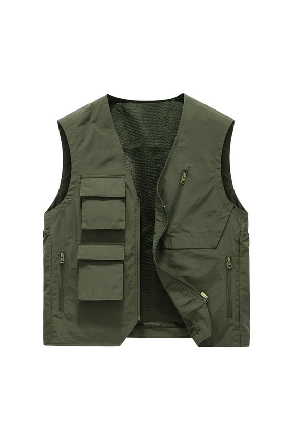 Fashion Vest Men Solid Sports Casual Zipper Multi-Pocket Quick Drying Sleeveless Outdoor Jackets Olive Green