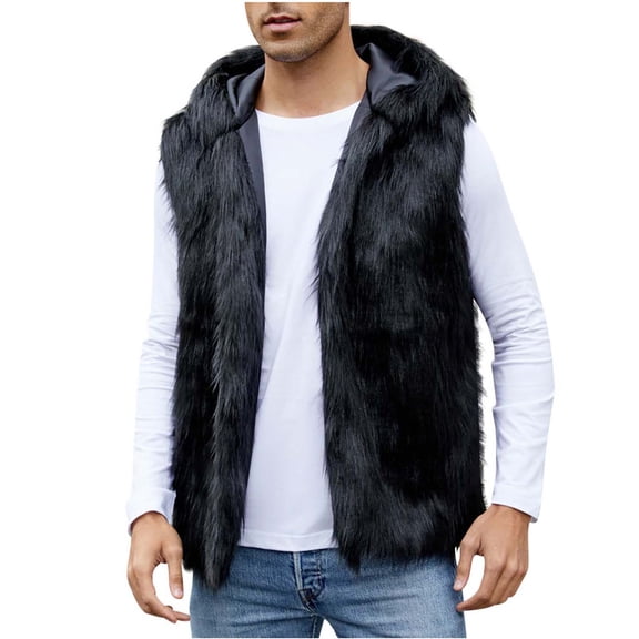 WREESH Fashion Vest Mens Warm Faux Furry Long Coat Jacket Winter Solid V-Neck Outerwear Black